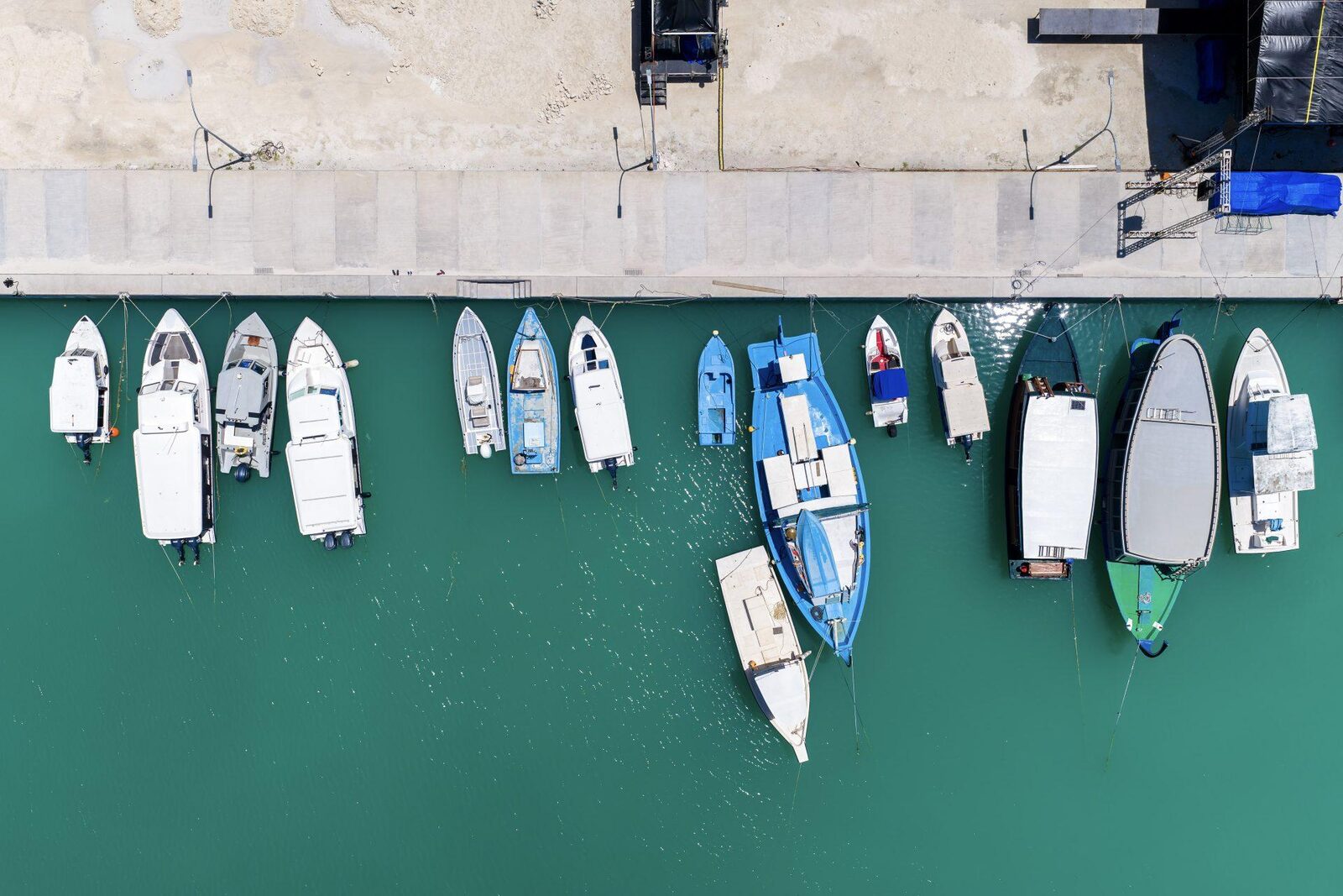 Aerial view of small boats moored at Dhigurah harbour